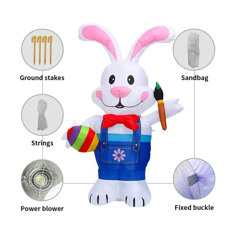 Outdoor Easter Inflatable Blue Bunny Holding Egg Inflatable Easter Rabbit Party Festive Outdoor Yard Inflatable Easter Decor