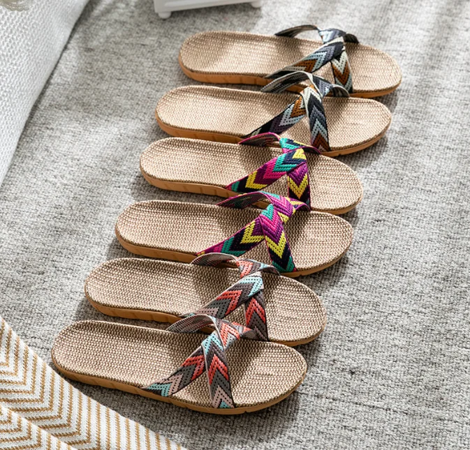 Cross Linen Slippers Female Couple Indoor Home Quiet Soft Bottom Sandals and Slippers Home Shoes