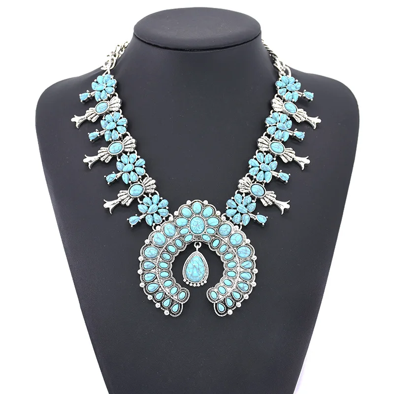 2023 Vintage Squash Blossom Turquoise Natural Stone Exaggerated Flower Statement Necklace