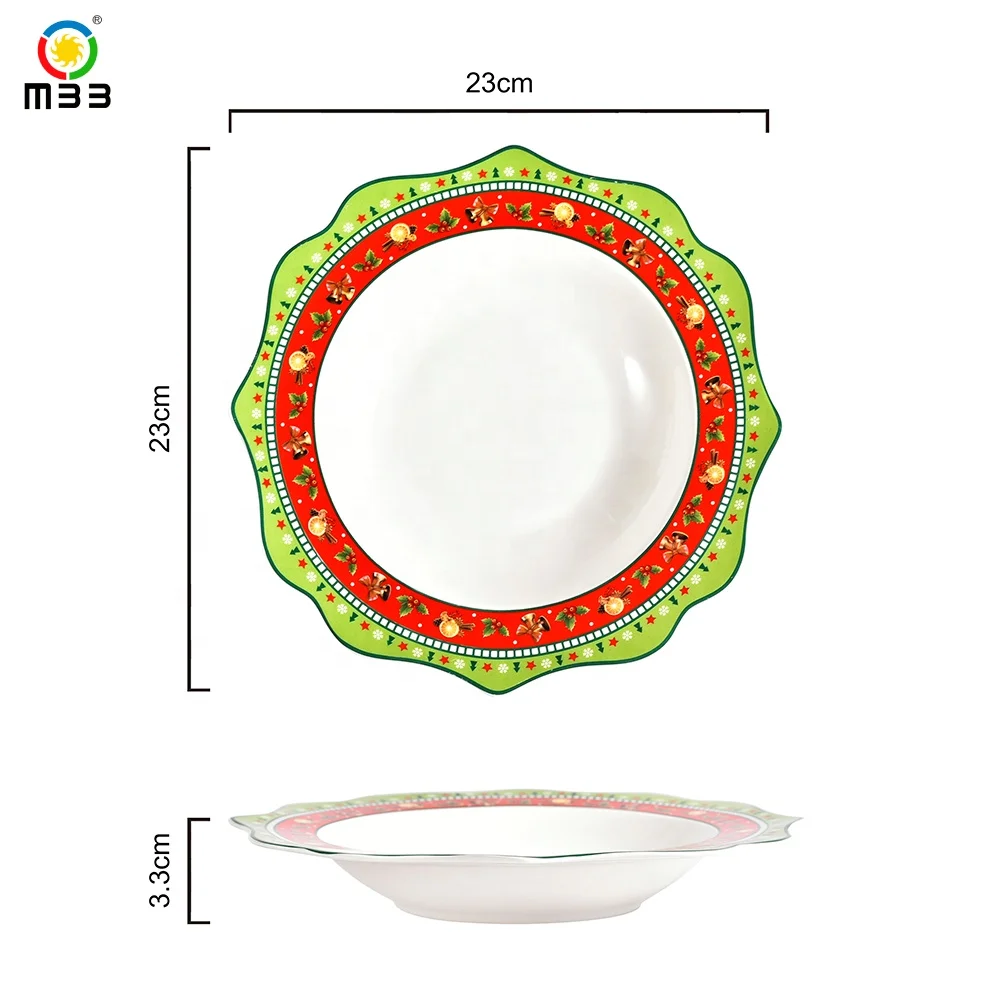 Christmas new bone china soup plate with xmas bell decal design 9inch in flower shape