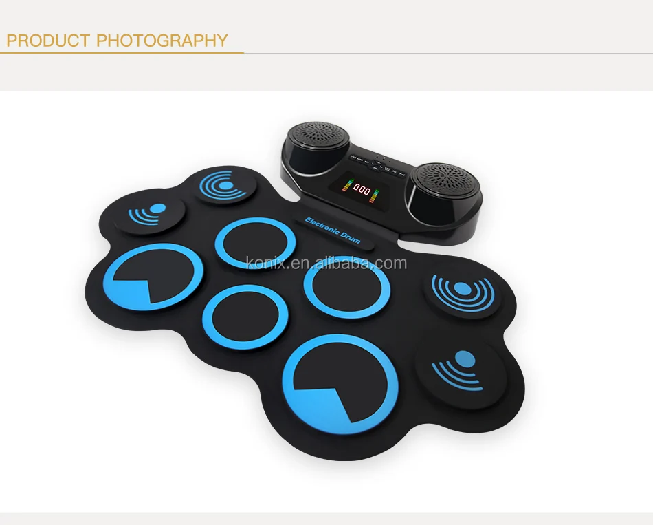 Konix Professional hot selling devil fish silicon pad Two big speaker roll up drum kit digital drum set with battery