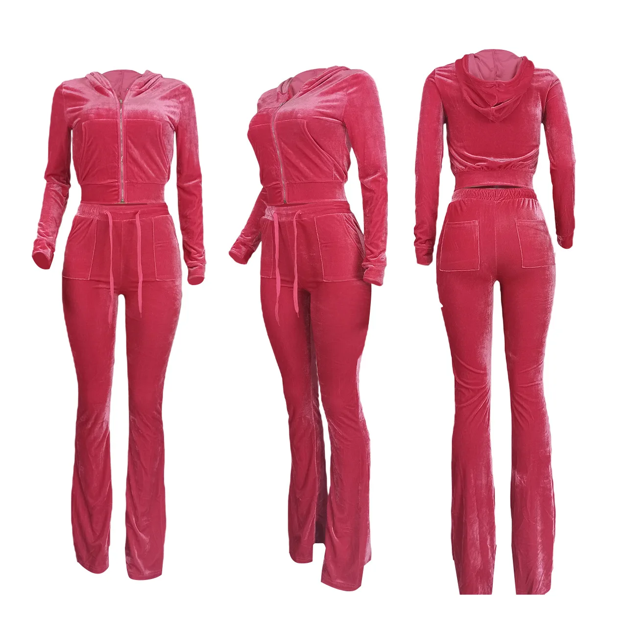 Custom Fashion Women Cropped Zipper Hoodie Velvet Velour Tracksuits Two Piece Casual Sweatsuit Women Clothing Velvet 2 Piece Set