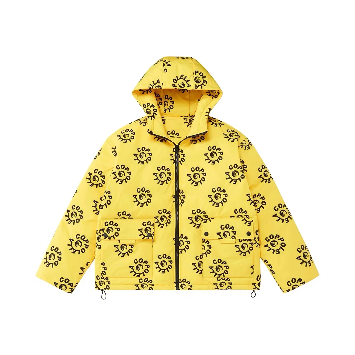 Custom all over logo print yellow hood down bubble coat winter warm fashion lightweight mens goose down puffer jacket