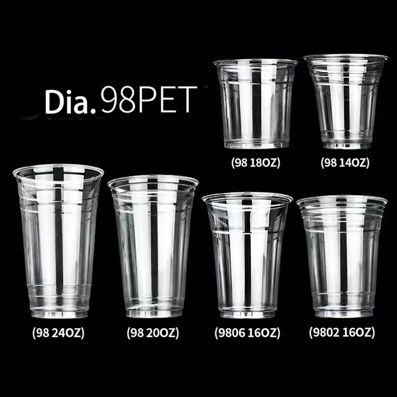 Custom Logo Printed Clear Plastic PET Cup Diameter 98mm Transparent Disposable Milk Tea Drink Cup with Lids