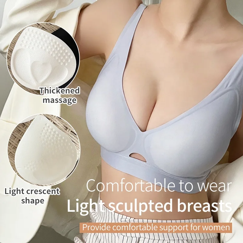 Hot Sale Zero Feel Ice Silk Lazer Cut Seamless Bra Soft Sports V Neck Support Push Up Jelly Glue Bras for Women