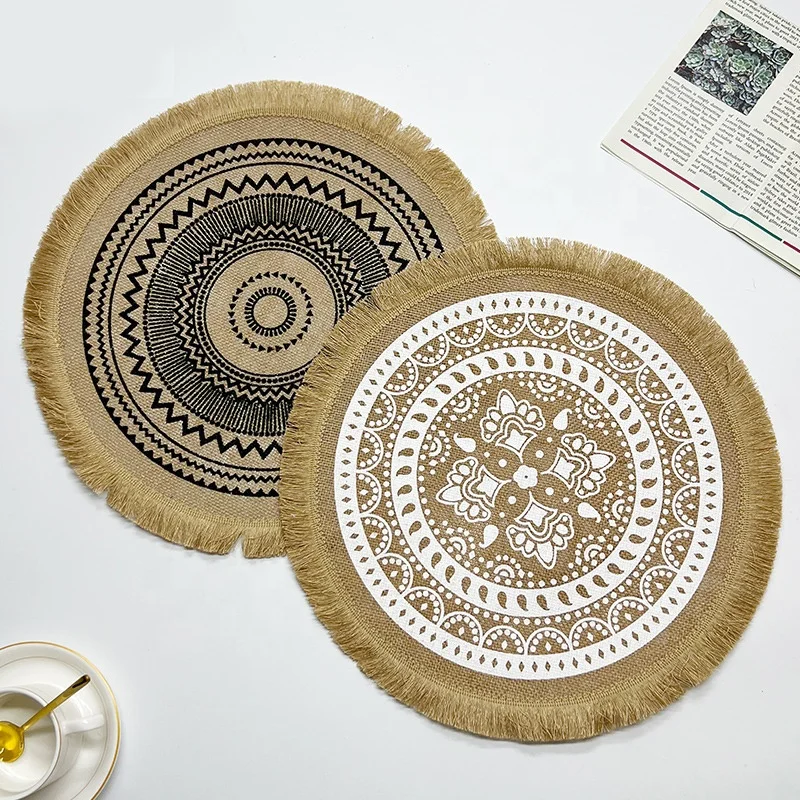 Homeplus New style round Boho knitted heat resistant jute dining table mats vintage natural decor table top tablewares coaster