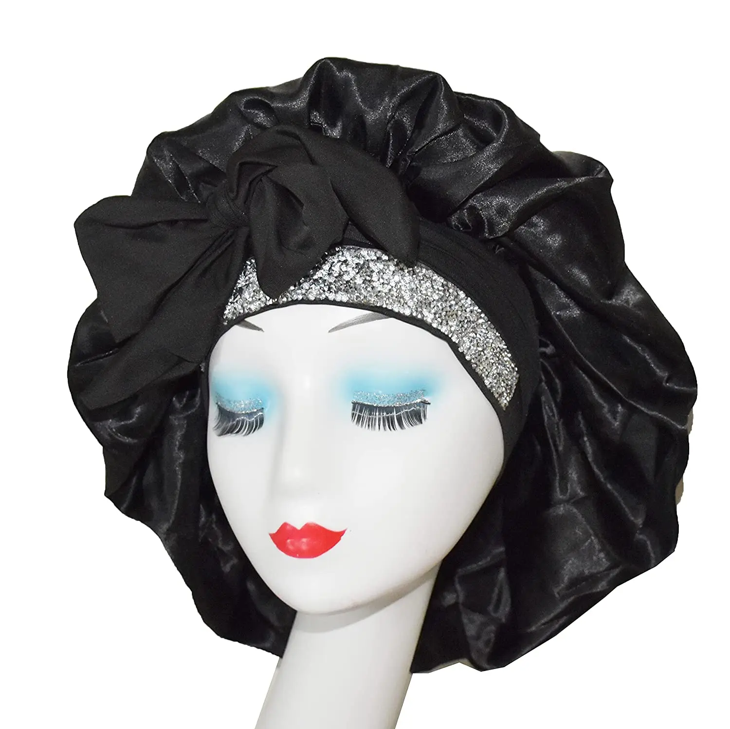 Black Pink White  Wig Hair   bling bonnets  customize braid bonnets custom  rhinestone silk custom logo hair bonnets