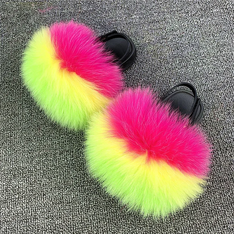 
Super Beautiful Fashion Customized Color Kids Fluffy Fur Slides Slippers 