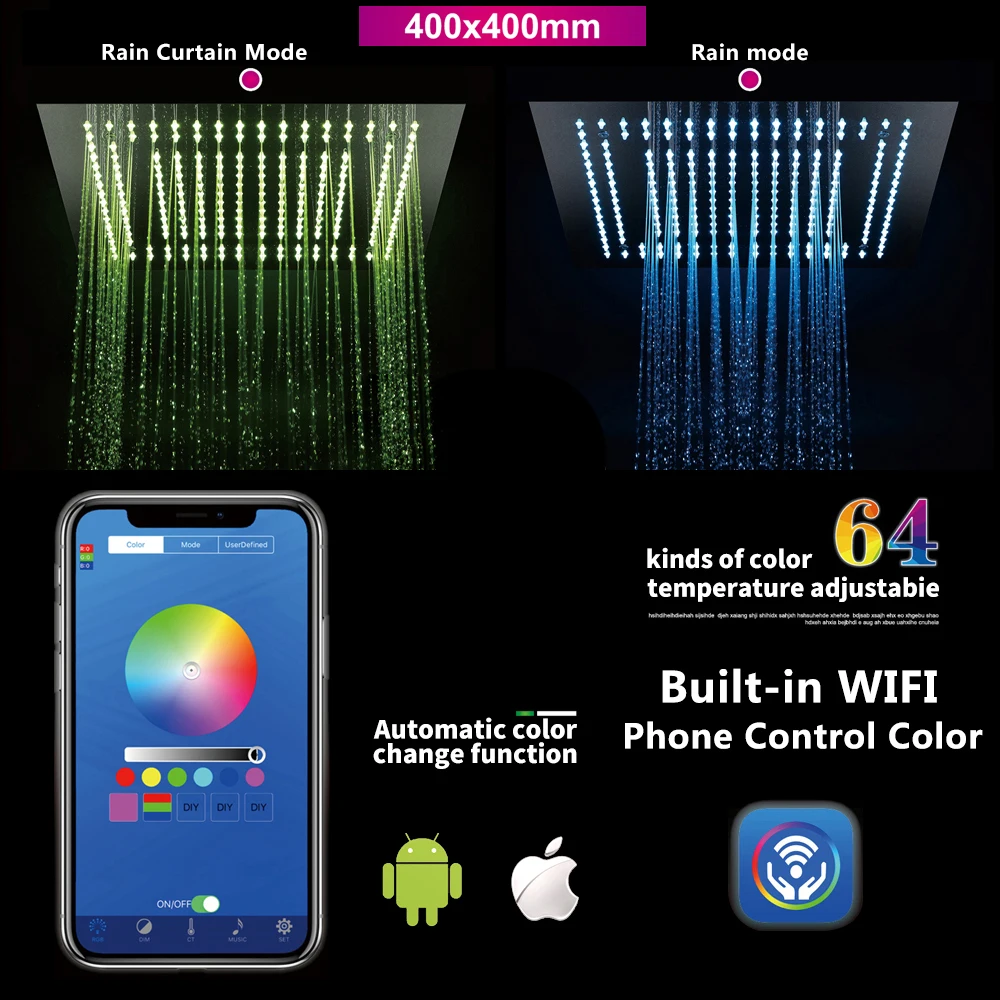 HIDEEP Bathroom Luxury Rainfall Small Rain Shower Square Showerheads Ceiling Mounted 16 Inch Phone Control LED Light Shower Head