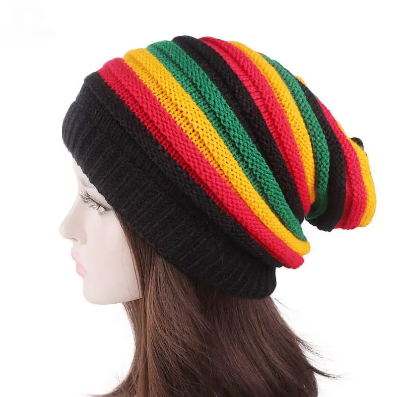 Unisex Jamaica Reggae Cap Rasta Slinky Beanie Multi-Colour Striped Hand Crochet Knit Slouchy Dread Rasta Reggae Hat