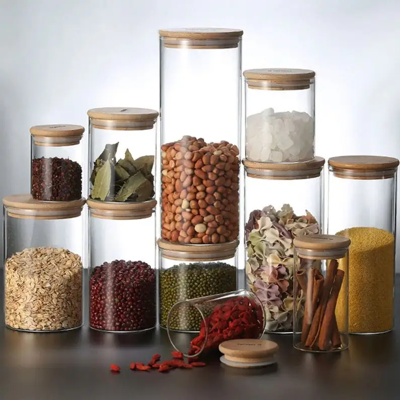 Glass Food Canisters with Bamboo Air-tight Lids Jars for Herbs Spices Sugar Coffee Tea Nuts Grains Flour Pasta Food Containers