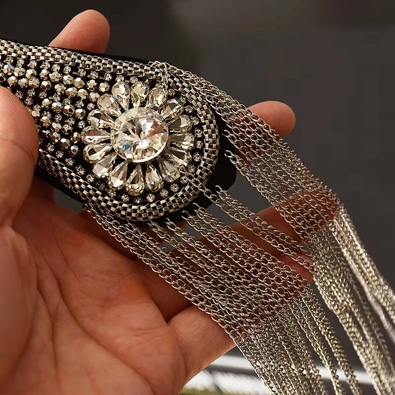 Shoulder Tassel Chain Epaulettes Rhinestone Epaulet Fringe Shoulder Badge Rhinestone Applique for wedding Dance Punk Costume