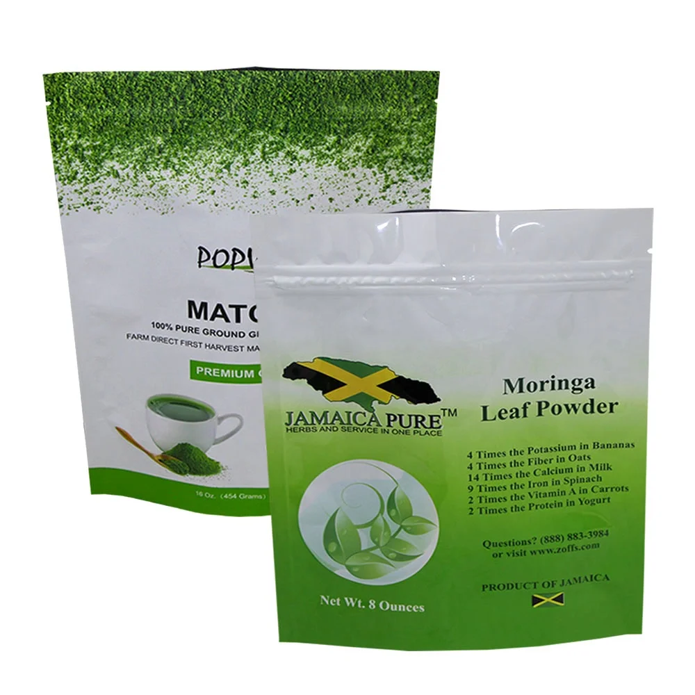 digital custom reclosable stand up plastic aluminum foil matcha green tea bag moringa leaf powder packing bag with zipper
