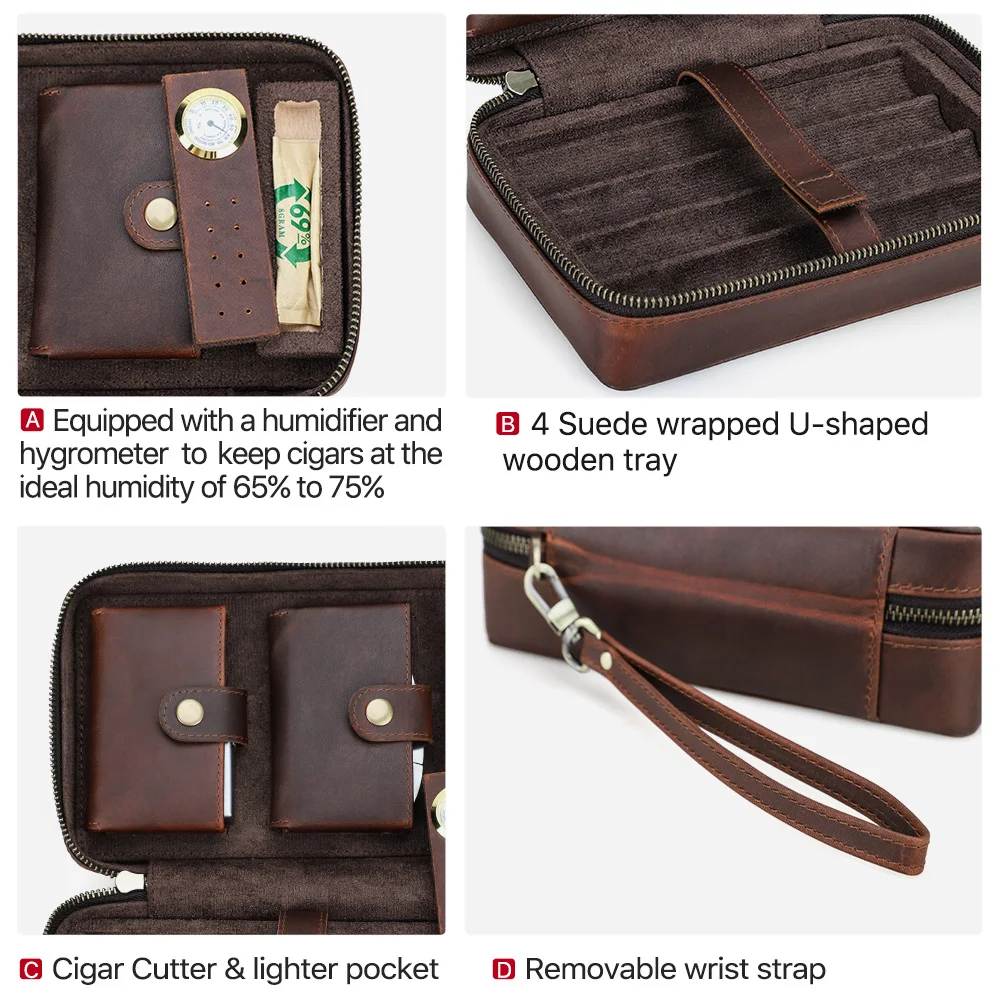 Travel Humidor Cigar Box Case Custom Embossed Logo Leather Cigar Humidor Case For 4 Cigars with Digital Hygrometer CF5022