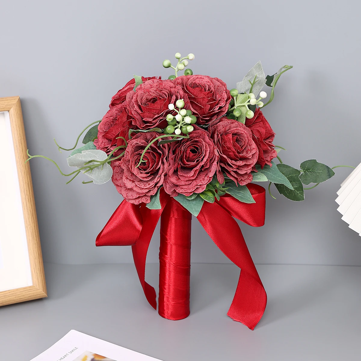 Wholesale Chinese Style Silk Satin Rose Wedding Bouquet Royal Blue Gold Red And White Bridesmaid Bride Bouquet