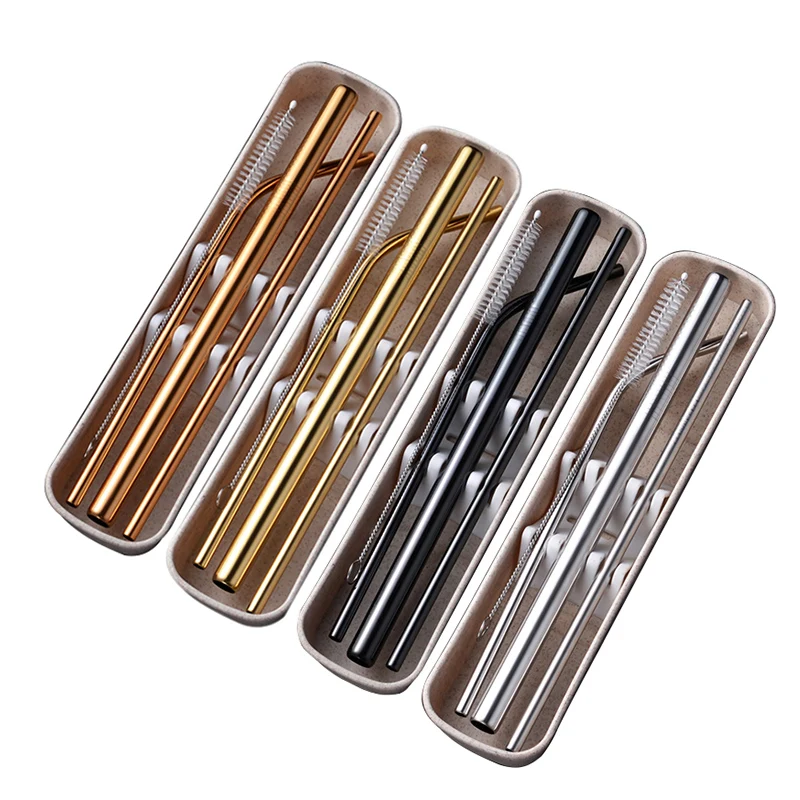 Eco Reusable Stainless Steel Rose Gold Drinking Straws Travel Portable Metal Golden Straws Set With Case