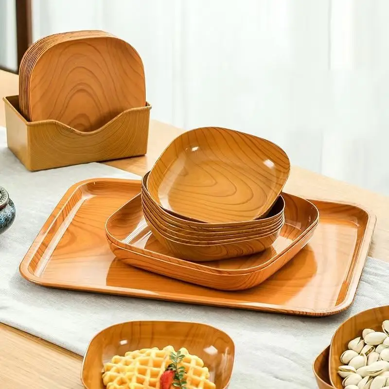 Imitative Wood Plastic Plate Snack Tray Cake Fruit Plate Sushi Breakfast Dried Fruit Dish Bone Spitting Bone Dish Set Tableware