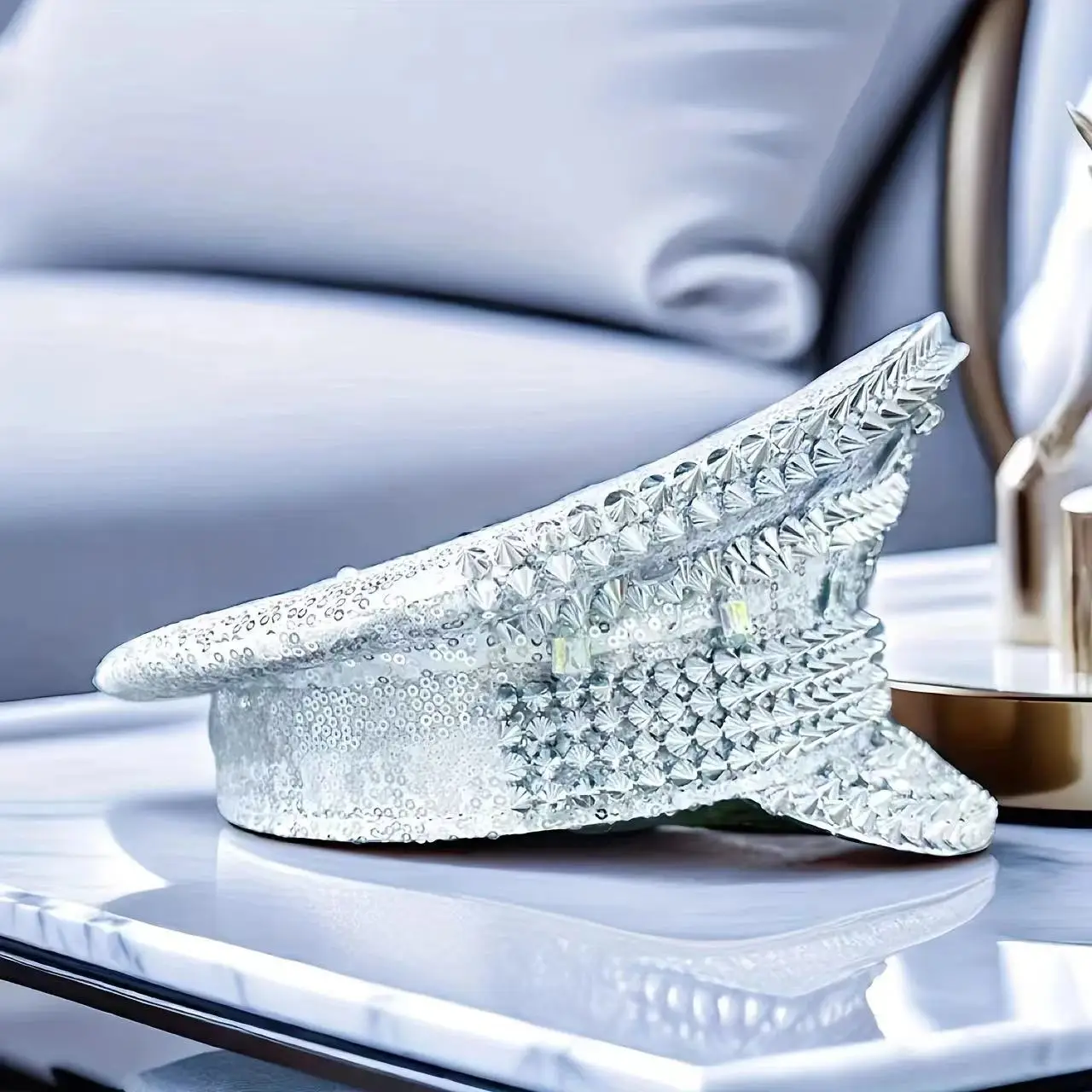 Lion Head Carnival Crazy Party Hat Bridal Navy a Silver with Silver Polyester Fiber Studded Punk Sequin Plush Unisex Adults