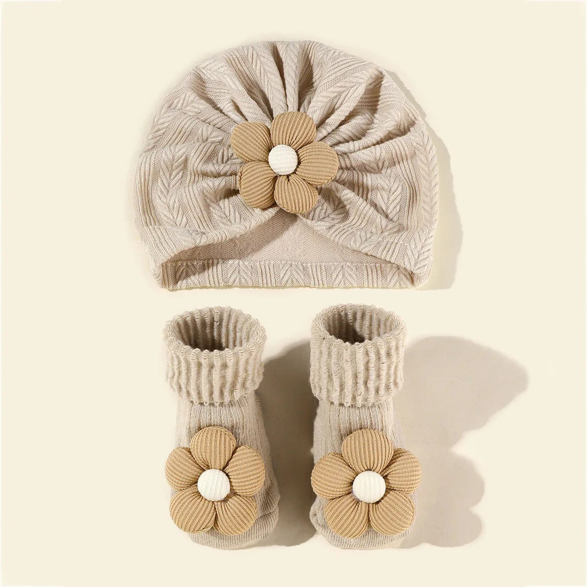Baby wheat patterned jacquard hat flower headband hat and sock set baby headwear set