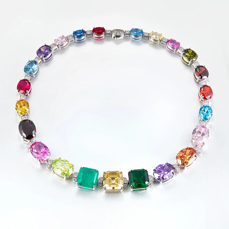 Colorful Cubic Zirconia Rainbow Tennis Necklace Sterling Silver Full CZ Diamond Choker Necklace