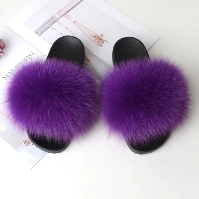 
The most fashionable of 2021 colorful women indoor outdoor flat soles shoes summer real fox fur slippers 