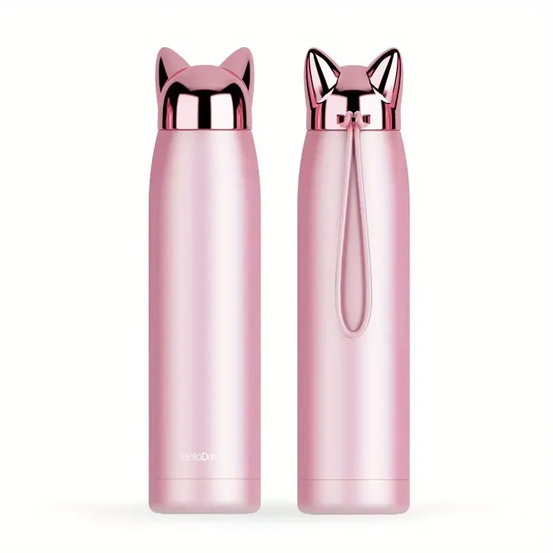3 Colors Double Wall Vacuum Flask Cute Car Ear Stainless Steel Water Bottle With Rope