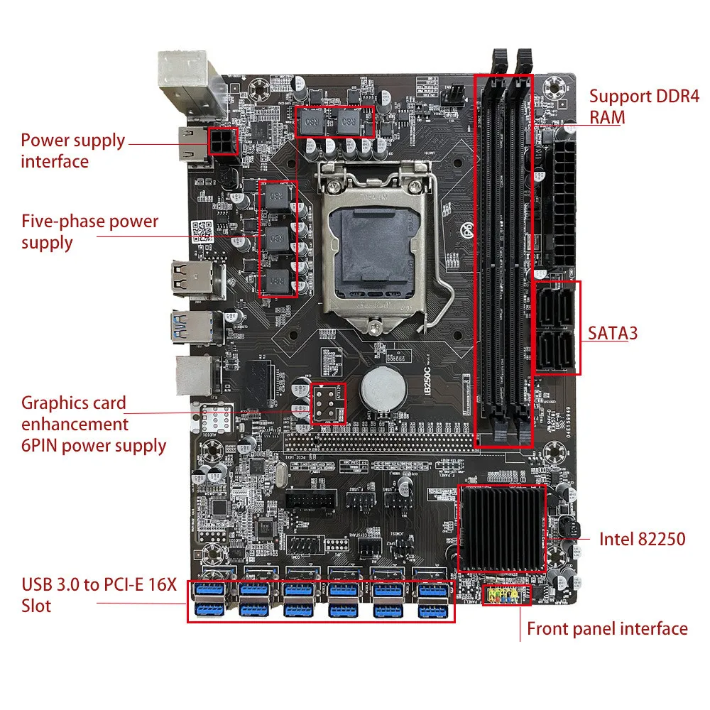 Материнская плата B250C V1.0 12P 1X с 12 графическими картами и чипсетом Intel B250