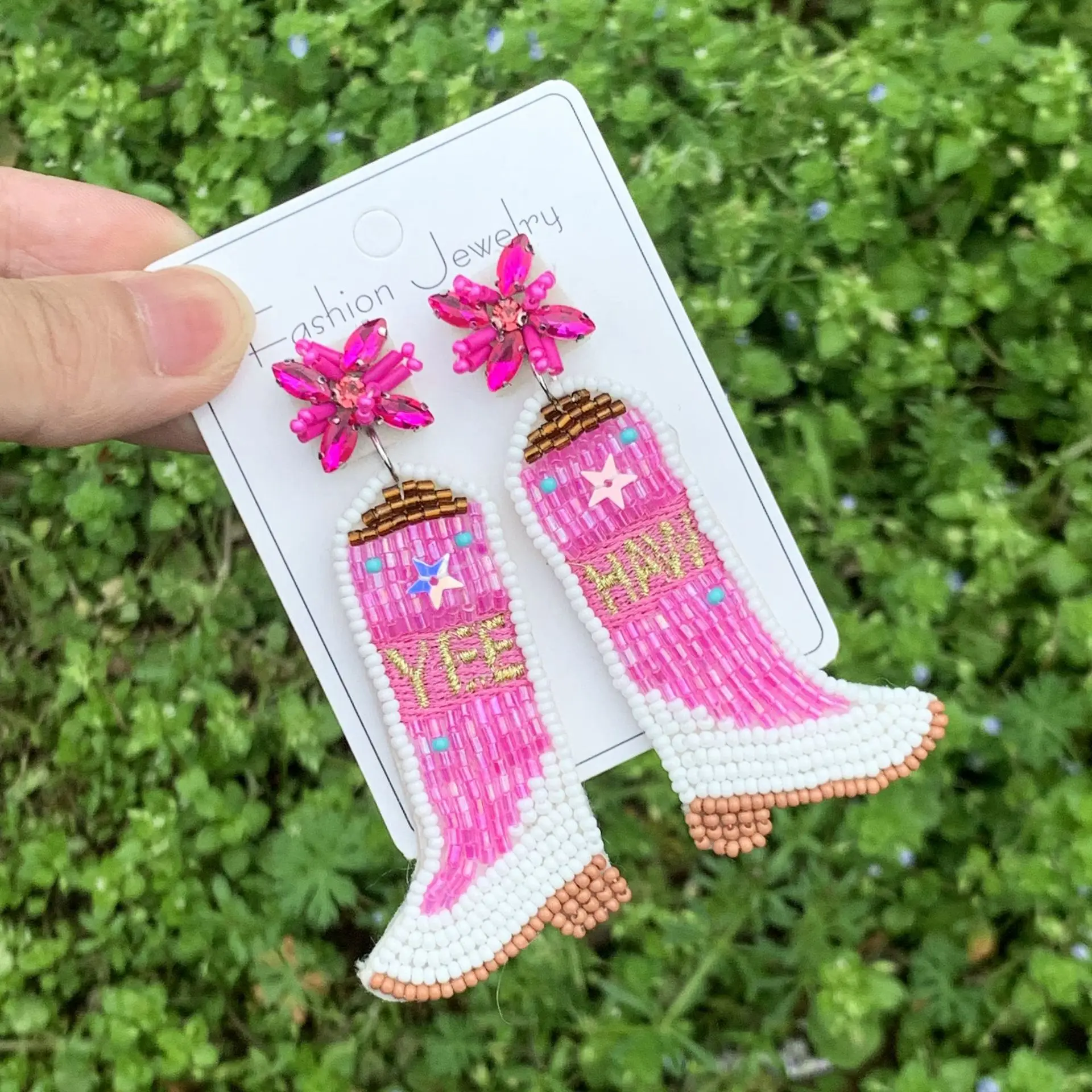 Cross border Western Cowboy Style Boots, Rice Ball Earrings, Personalized and Exaggerated, Handmade Beaded Fashion Earrings