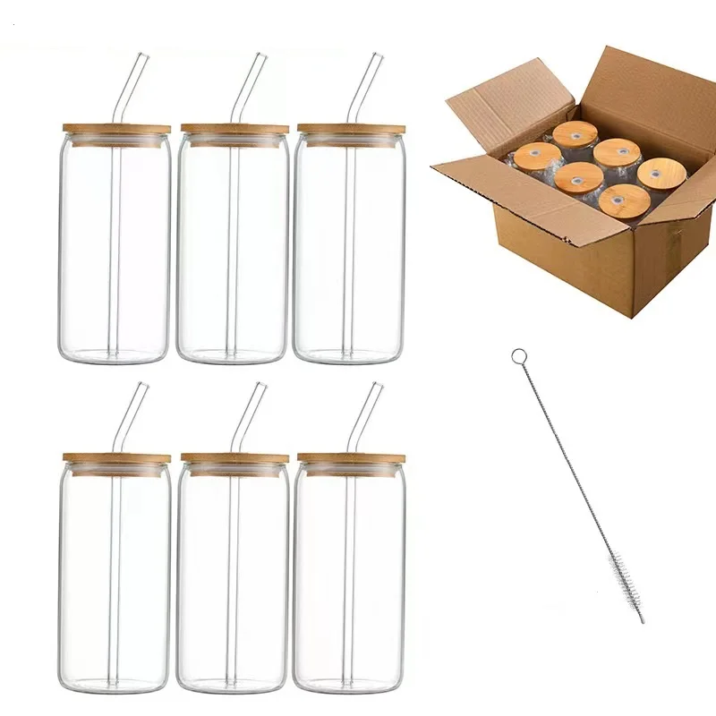 Drinking Glasses with Bamboo Lids and Glass Straw 4pcs Set - 16oz Can Shaped Glass Cups, Beer Glasses, Iced Coffee Glasses, Cute