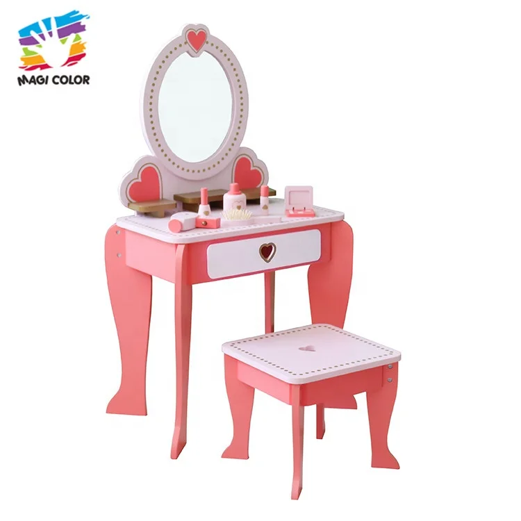 Ready To Ship girls pink wooden dressing table with mirror and stool W08H102