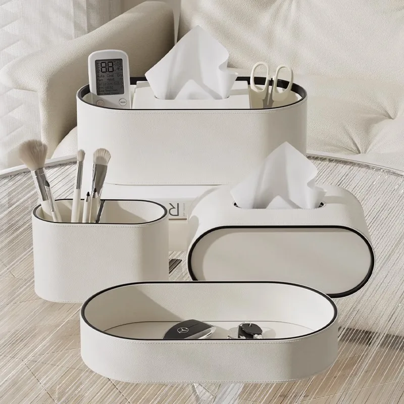 Desktop PU leather storage organizer remote control sundries key storage box tissue paper box makeup brush tube storage cases