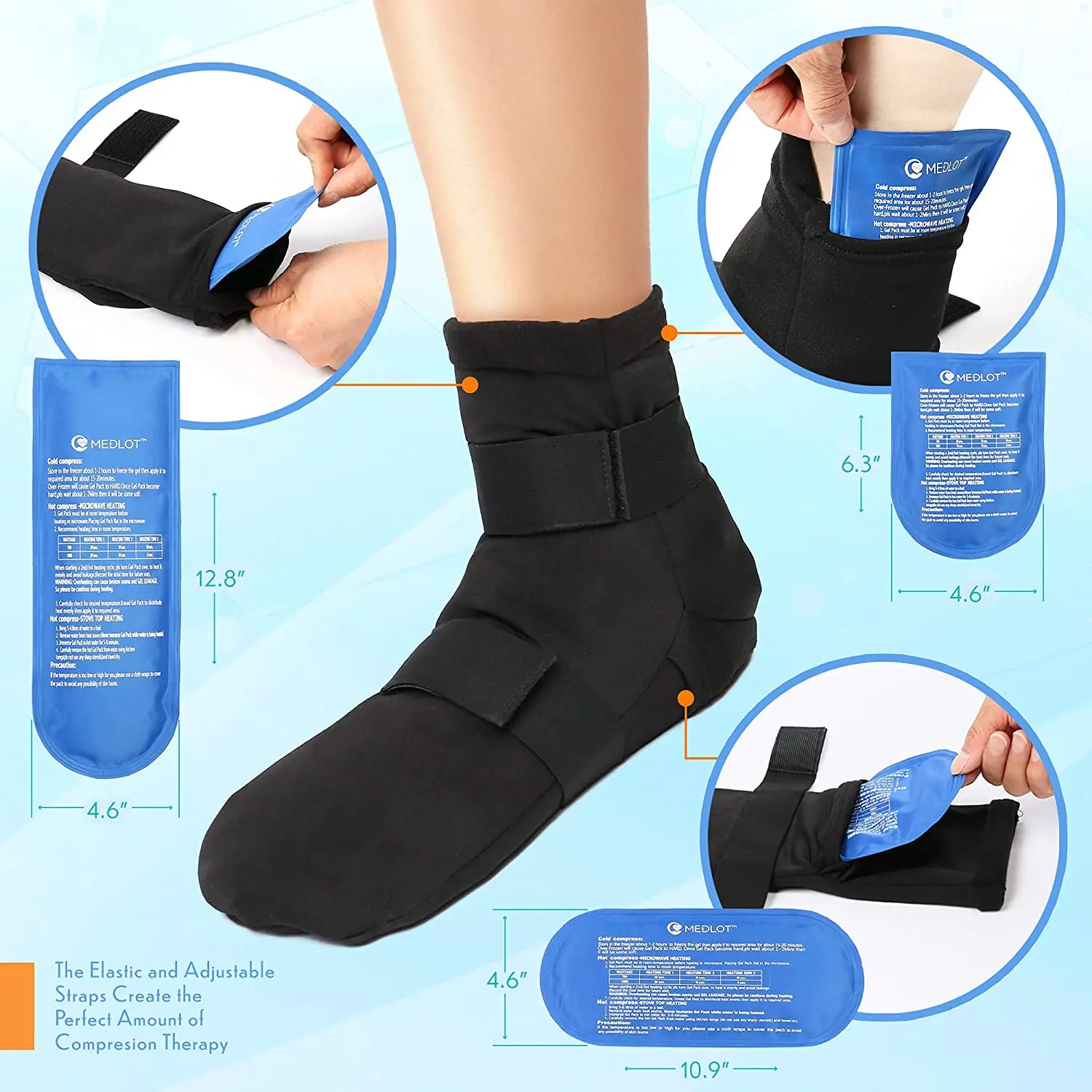 Cooling Socks with 6 Reusable Gel Packs and Strap Hot Cold Therapy Compression Wrap for Ankle Heel Pain