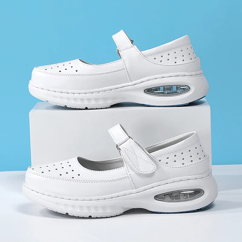 Thick Sole Nurse Shoes Genuine Leather Air Cushion Soft Insole Non-Slip Deodorizing Filter Thick Sole Nursing Shoes in Stock