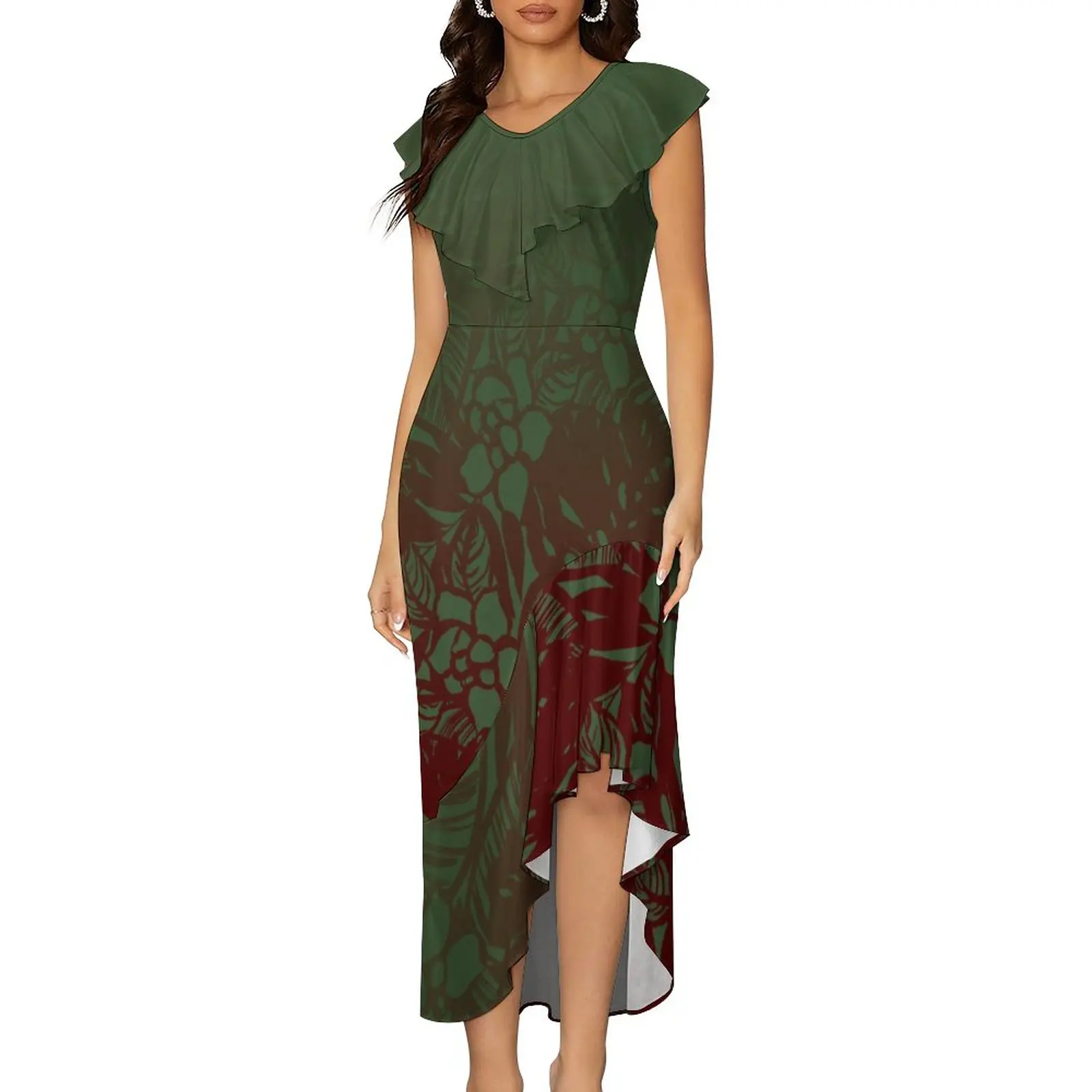 pacific island ruffles slim fit sexy ladies dress tropical printed summer elegant party hawaiian polynesian tribal design dress