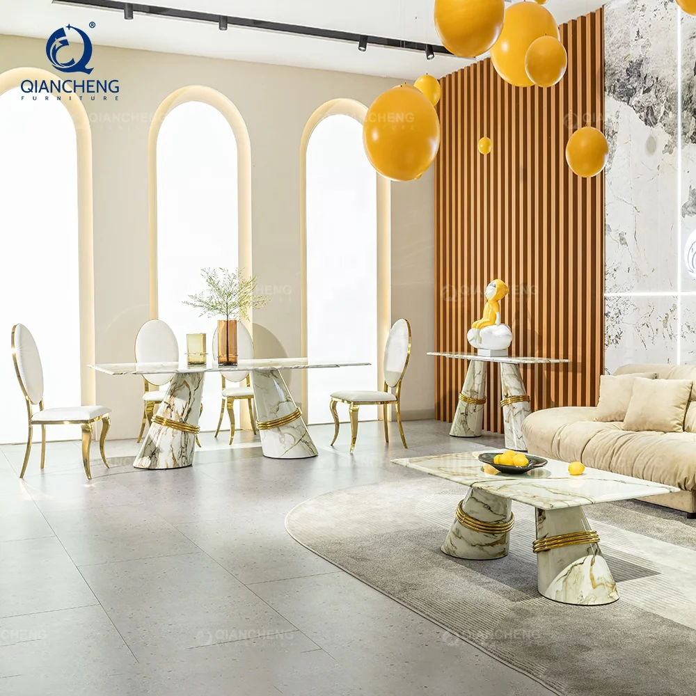 QIANCHENG foshan factory hallway decor living room real marble stone french country living room mirrored console table