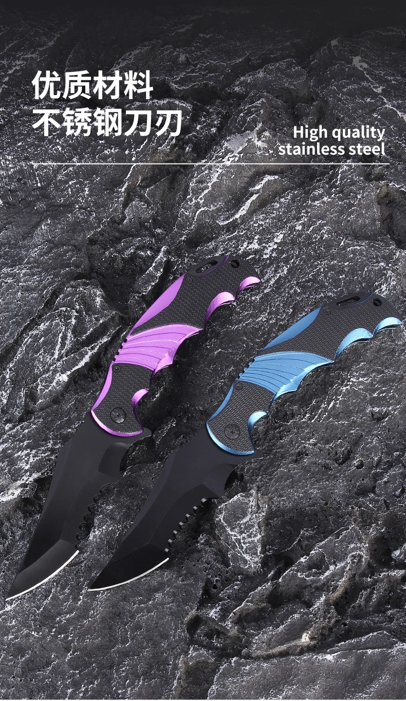 3Cr13 stainless steel Camping tactical pocket knife black coating blade with TPR Handel