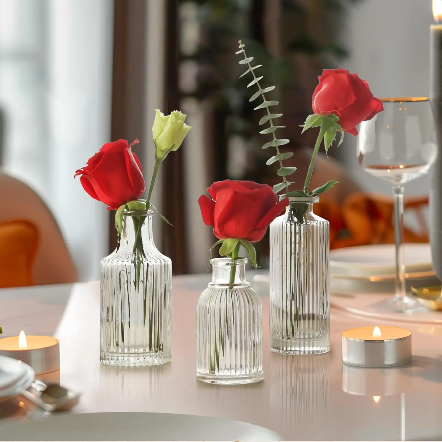 Set of 3 Mini Bud Vase Elegant Vintage Ribbed Glass Vase for Home Decor