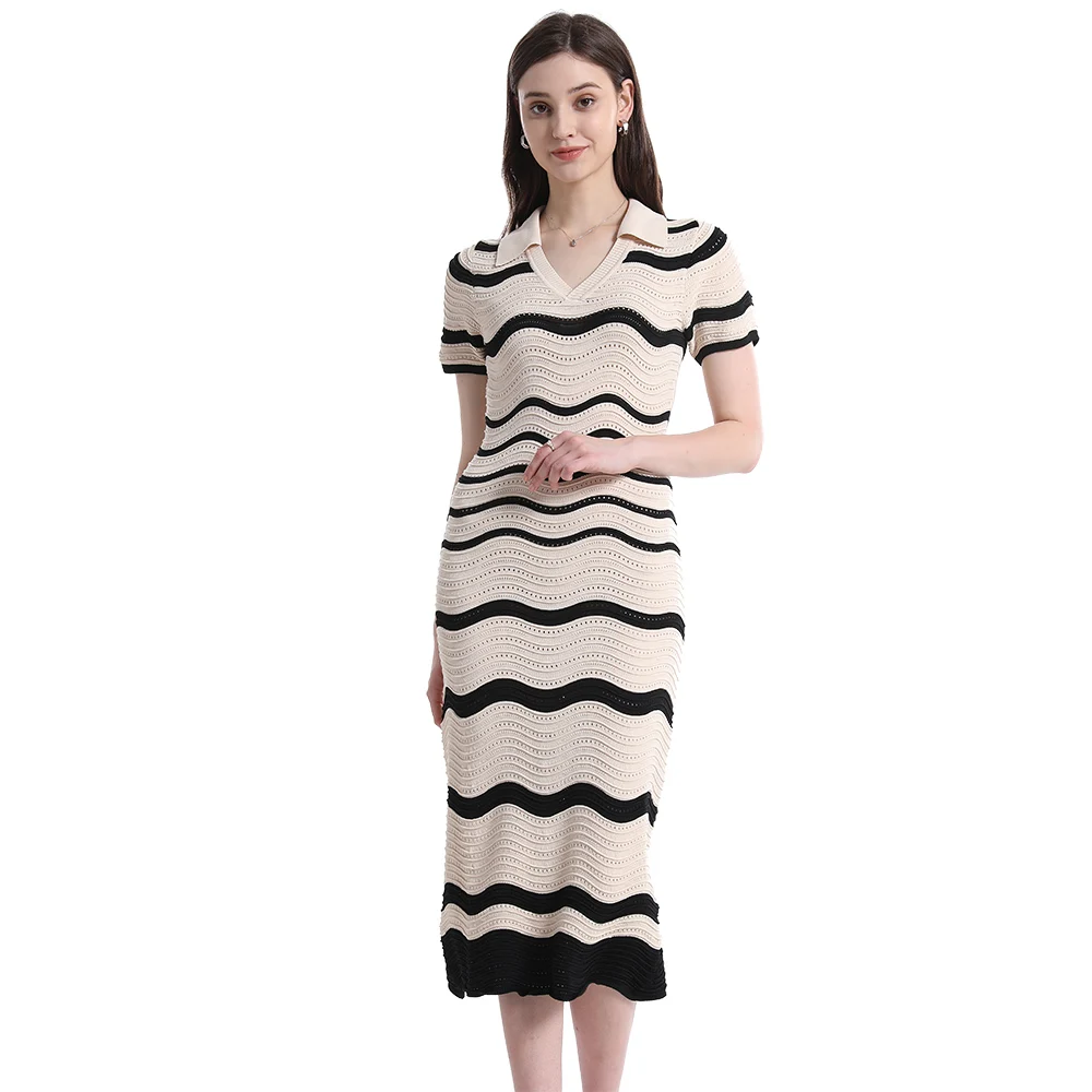 knit dress manufacturer custom spring summer high low texture zigzag wave stitch stripe sweater dress