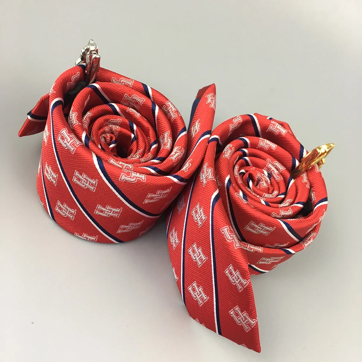 UH College University Wholesale Custom Necktie Red White Double Striped Slim Skinny Silk Woven Grosgrain Uniform School Tie