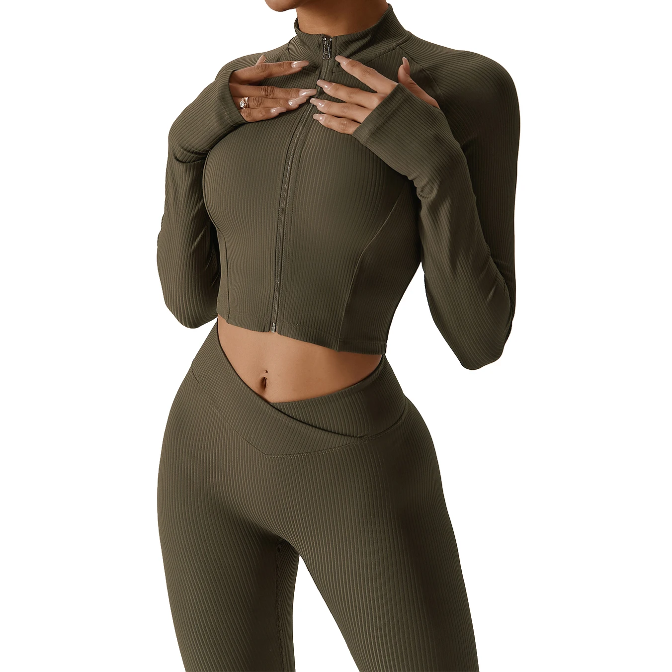 Custom Women Soft Comfort Quick Dry Ribbed V Cut Flare Pants and Jacket  Sports Bra Tops Set