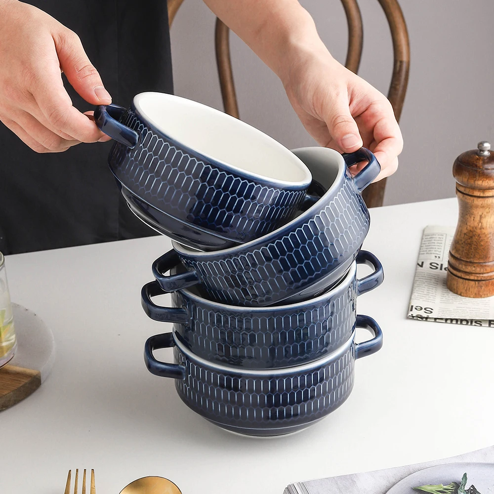 Factory Price Custom Color Ceramic Soup Bowls Set With Two Handles 32oz Cereal Bowls Set