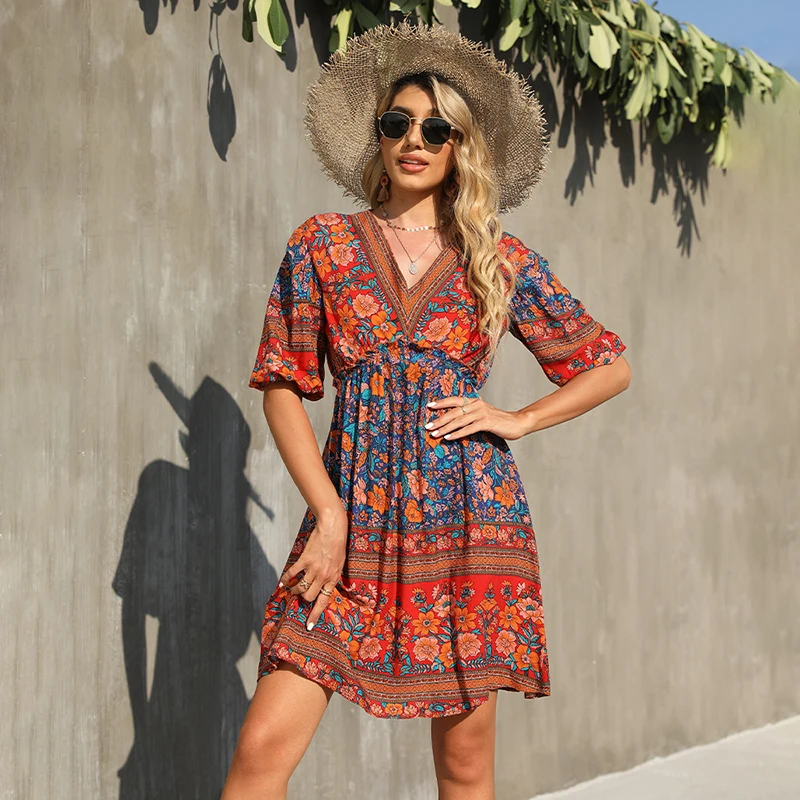 clothing manufacturers custom vintage Print Bohemian Casual Dresses for women beach dress summer dress