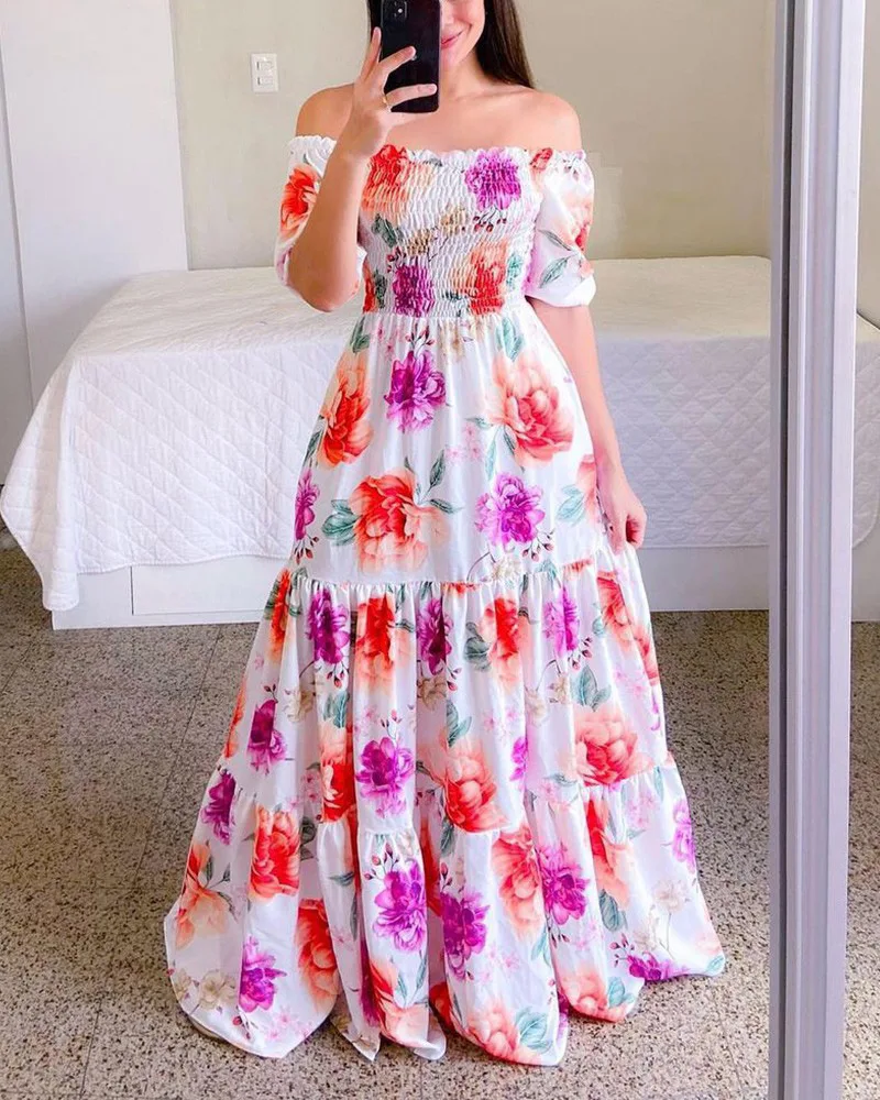 Factory Wholesale Manufacturer New Arrival Cheap Price Summer Elegant Clothes Ladies Maxi Clothing Women  One-shoulder Floral Ca