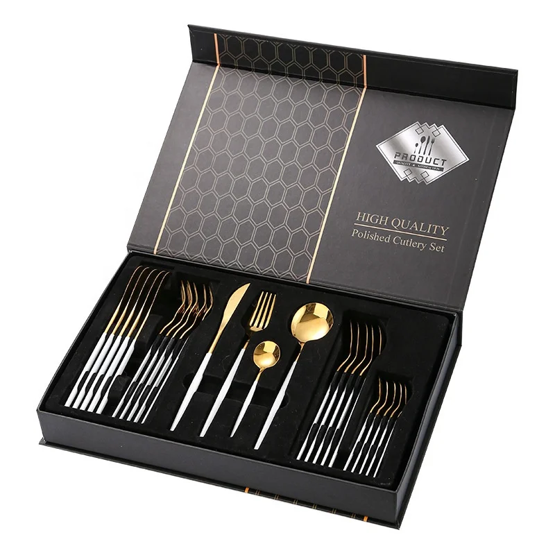 24pcs Gold Dinnerware Set Restaurant Cutlery Set Stainless Steel Knife Fork Kitchen Flatware Dishwasher Safe