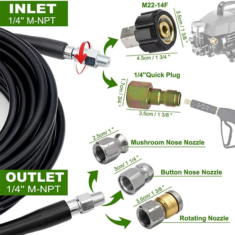 30m Pressure Washer Drain Pipe Hose Cleaning Kit with Jet Nozzle and Rotating Jet Nozzle sewer cleaning hosefor Pressure Washer