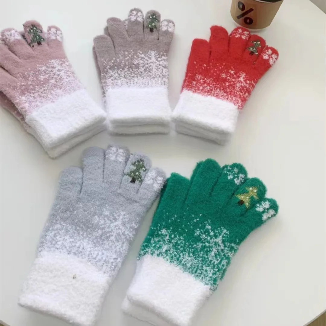 2024 Winter Women Fashion Christmas Tree Snowflake Jacquard Plush Fluffy Fuzzy Soft Thick Red Green Pink Blue Hand Gloves Mitten