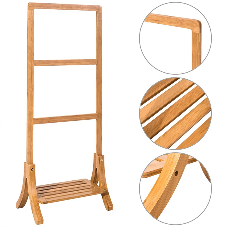 3 Tier Towel Rack Vertical Clothes Rack Freestanding with Bottom Shelf Bathroom Storage Bamboo
