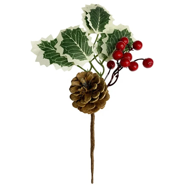 artificial pine needle branch red berry stem artificial pine spray  pick christmas pine picks christmas flower picks