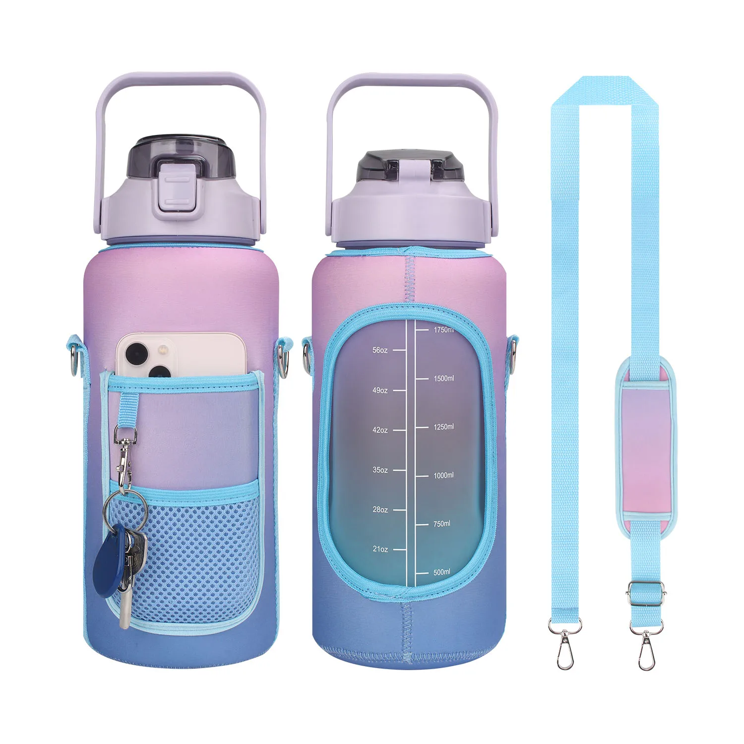 Half Gallon 64oz/2L Protective Water Bottle Carrier with Strap and Cellphone Holder Water Bottle Sleeve Cover