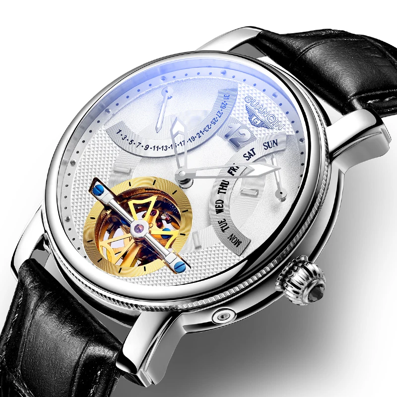 Luxury wrist stainless steel case back leather waterproof digital tourbillon mechanical mens automatic watch